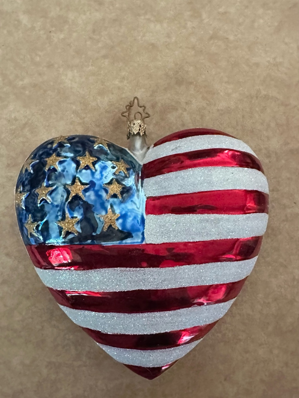 Christopher Radko Glass Heart Ornament in Red, White & Blue with Gold Stars